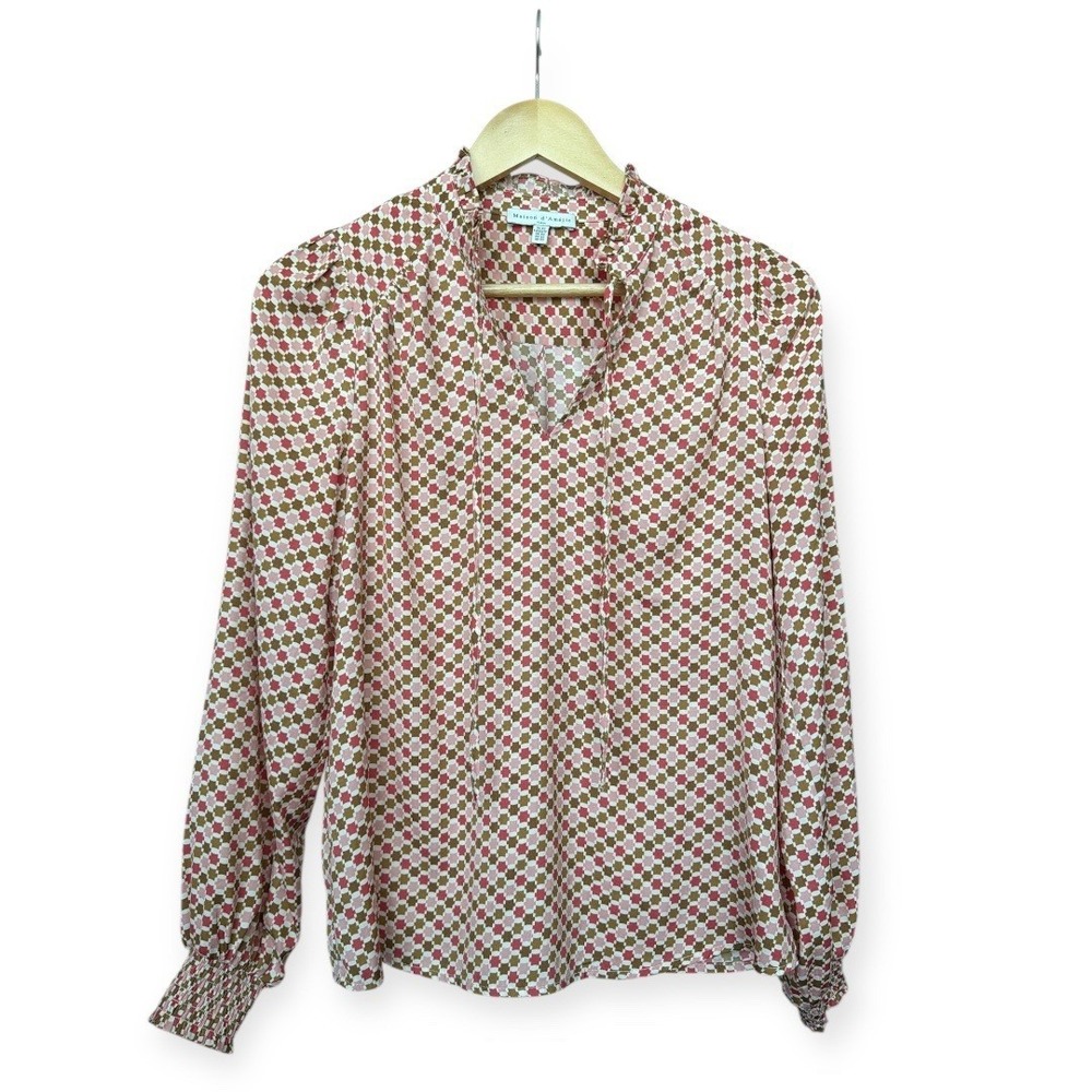 Women's Paris Blouse With Geometric Pattern XS Smocked Neck Feminine Office Chic